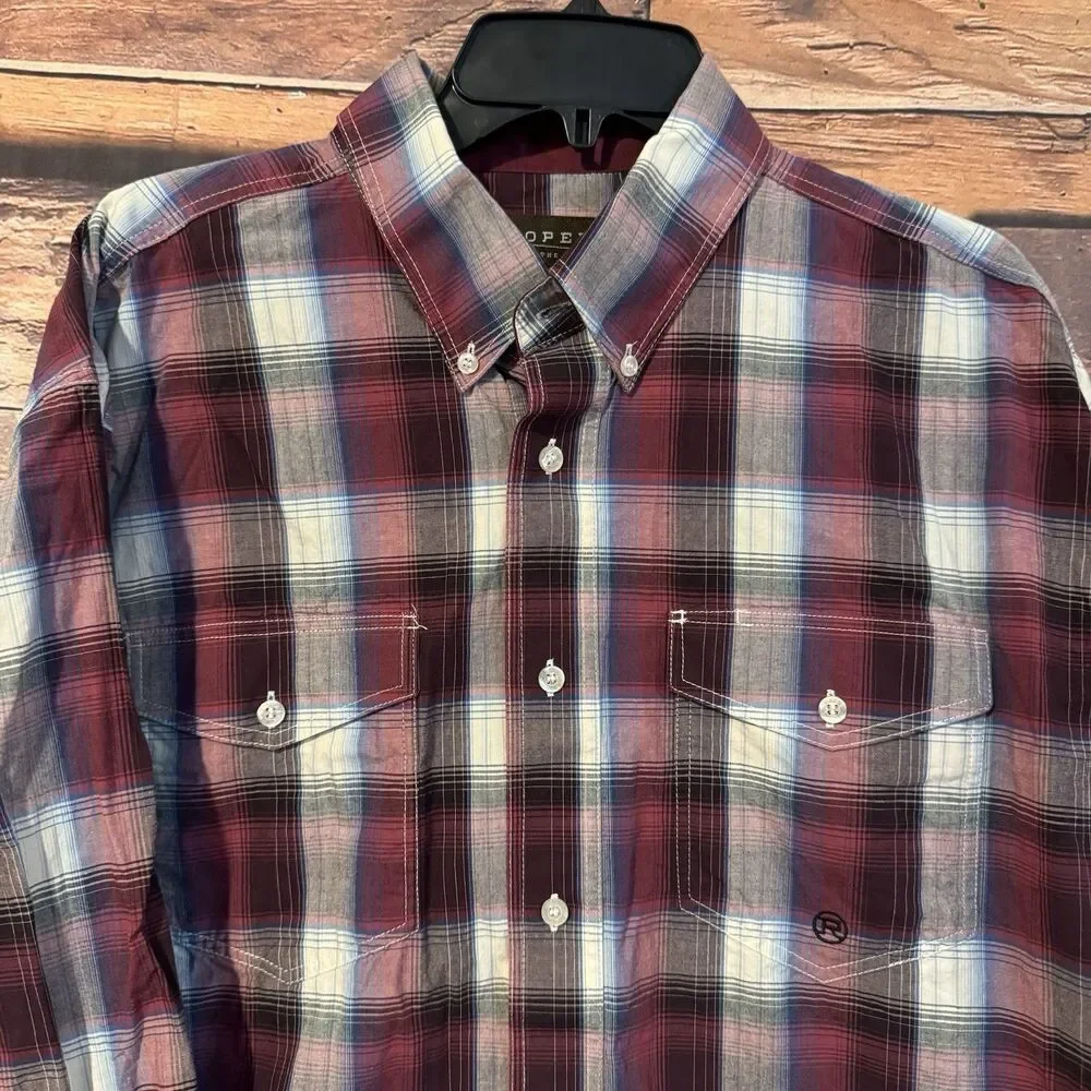 Roper Western Shirt Mens L Plaid Button Down Burgundy Maroon Cotton Long Sleeve